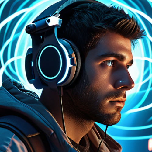 A gamer, eyes intently focused, wearing futuristic headphones, surrounded by ethereal, glowing sound waves that originate from specific virtual points in a dynamic game scene projected in front of them. The sound waves visually represent footsteps from behind, a helicopter overhead, and whispers from the side, emphasizing tactical advantage and deep immersion. Cinematic, detailed, high-tech.