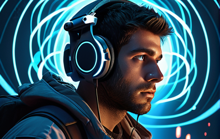 A gamer, eyes intently focused, wearing futuristic headphones, surrounded by ethereal, glowing sound waves that originate from specific virtual points in a dynamic game scene projected in front of them. The sound waves visually represent footsteps from behind, a helicopter overhead, and whispers from the side, emphasizing tactical advantage and deep immersion. Cinematic, detailed, high-tech.