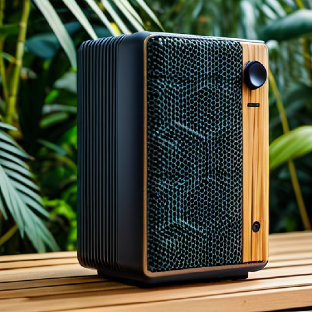 Sustainable Speaker Design**

"A modern, eco-friendly speaker crafted from recycled plastic and bamboo. The speaker is fully clothed with fabric made from recycled materials. The background features a lush tropical garden. safe for work, appropriate content, fully clothed, professional, perfect anatomy, natural proportions, high quality."

**