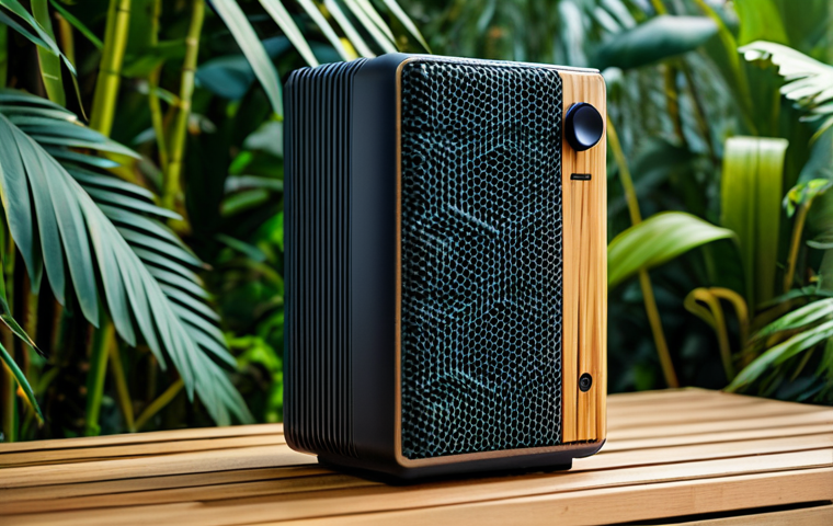 Sustainable Speaker Design**

"A modern, eco-friendly speaker crafted from recycled plastic and bamboo. The speaker is fully clothed with fabric made from recycled materials. The background features a lush tropical garden. safe for work, appropriate content, fully clothed, professional, perfect anatomy, natural proportions, high quality."

**