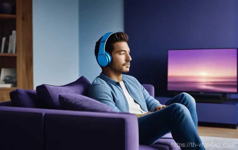 공간음향 디자인의 창의적 사례 - **Immersive Home Entertainment:** "A person, mid-20s, wearing comfortable, modern casual clothes, is...