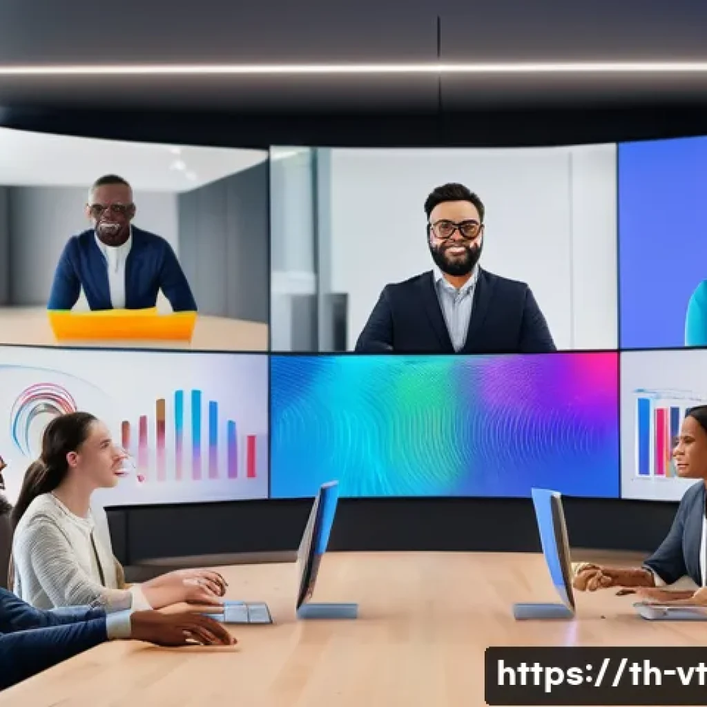 공간음향 디자인의 트렌드 - A modern office scene showing a diverse group of professionals in a virtual online meeting, each par...