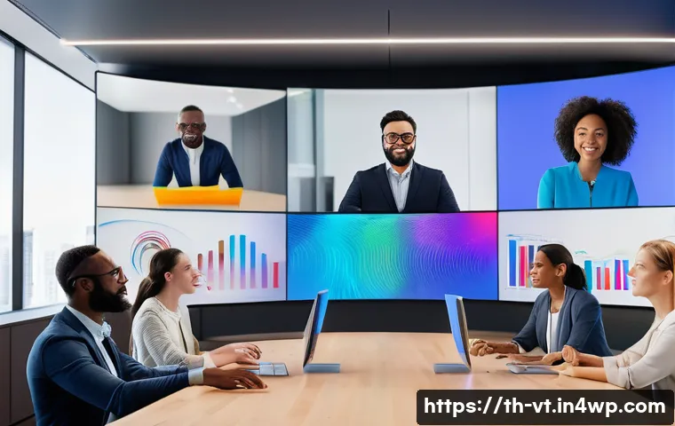 공간음향 디자인의 트렌드 - A modern office scene showing a diverse group of professionals in a virtual online meeting, each par...