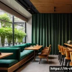 공간음향 디자인에서의 소음 제어 - A cozy modern coffee shop interior in Bangkok with thick, heavy curtains and plush upholstered fabri...
