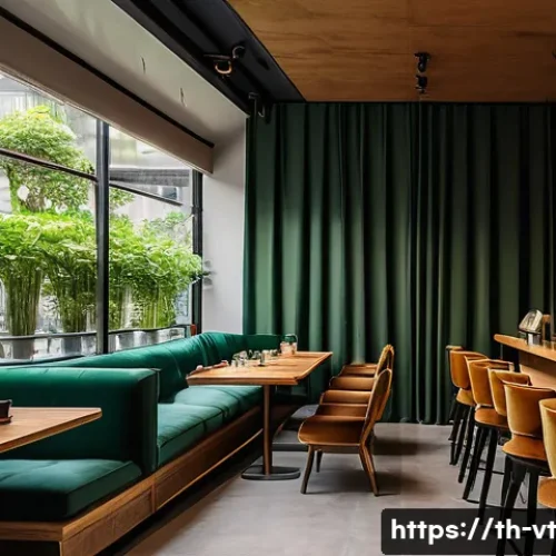 공간음향 디자인에서의 소음 제어 - A cozy modern coffee shop interior in Bangkok with thick, heavy curtains and plush upholstered fabri...