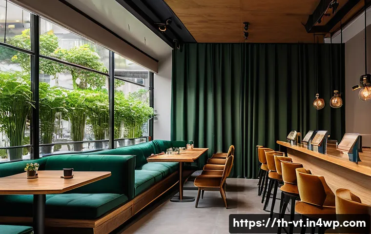 공간음향 디자인에서의 소음 제어 - A cozy modern coffee shop interior in Bangkok with thick, heavy curtains and plush upholstered fabri...
