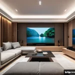 공간음향 디자인의 미래 전망 - A futuristic home entertainment room with advanced AI-enhanced 3D surround sound system, featuring s...