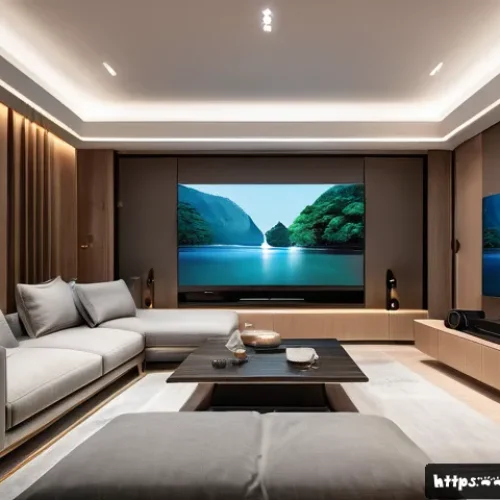 공간음향 디자인의 미래 전망 - A futuristic home entertainment room with advanced AI-enhanced 3D surround sound system, featuring s...