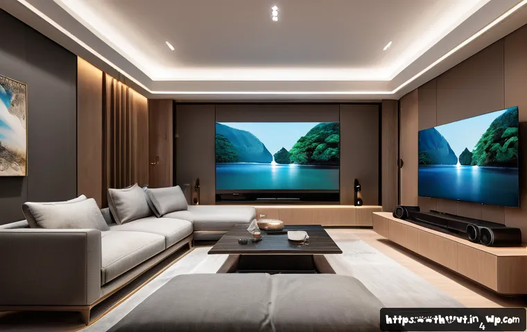 공간음향 디자인의 미래 전망 - A futuristic home entertainment room with advanced AI-enhanced 3D surround sound system, featuring s...