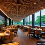 효과적인 공간음향 디자인의 원칙 - A modern restaurant interior in Bangkok with smartly installed ceiling speakers that evenly distribu...