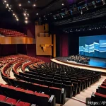 음악 공연과 공간음향 디자인의 관계 - A detailed scene of a modern indoor concert hall with professional sound engineers adjusting high-te...