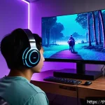 공간음향 디자인을 위한 사용 사례 분석 - A futuristic gaming setup in a modern Thai home, featuring a young adult wearing sleek spatial audio...