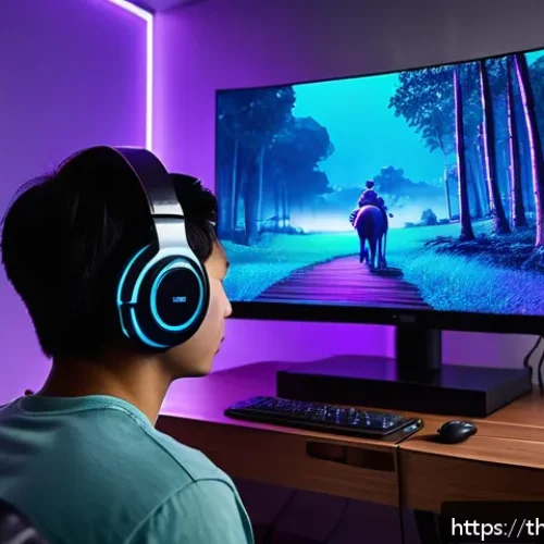 공간음향 디자인을 위한 사용 사례 분석 - A futuristic gaming setup in a modern Thai home, featuring a young adult wearing sleek spatial audio...