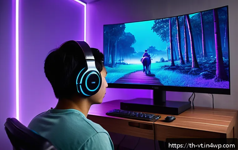 공간음향 디자인을 위한 사용 사례 분석 - A futuristic gaming setup in a modern Thai home, featuring a young adult wearing sleek spatial audio...