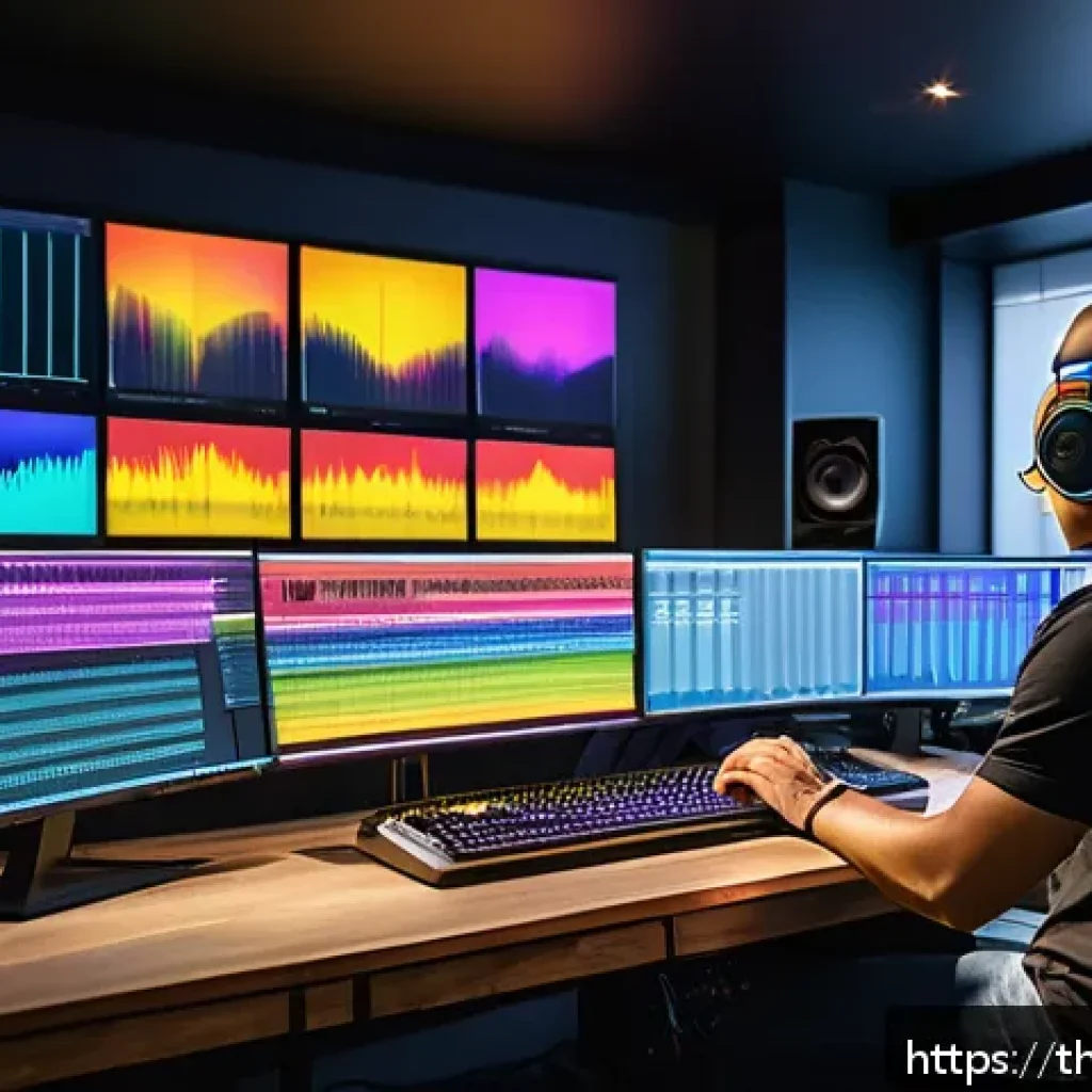 공간음향 디자인의 성과와 평가 - A detailed digital illustration of a modern sound engineer’s studio with multiple screens showing co...