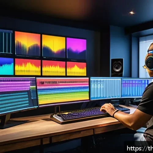 공간음향 디자인의 성과와 평가 - A detailed digital illustration of a modern sound engineer&rsquo;s studio with multiple screens showing co...