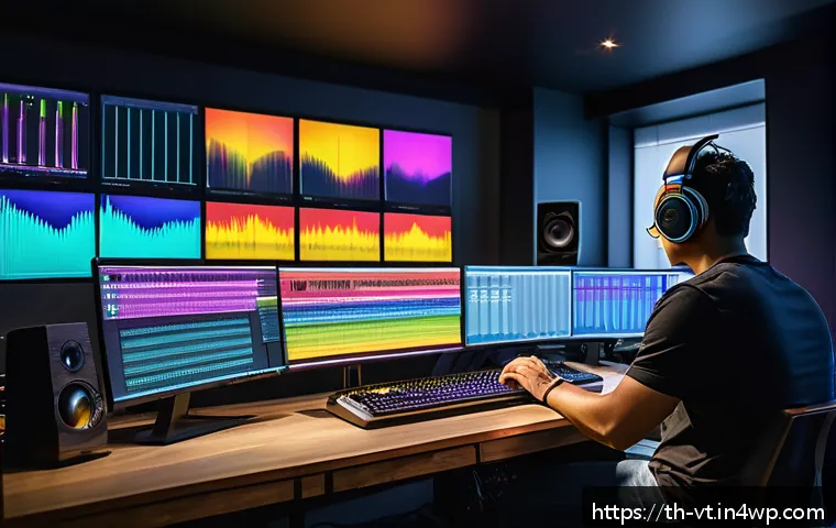 공간음향 디자인의 성과와 평가 - A detailed digital illustration of a modern sound engineer’s studio with multiple screens showing co...