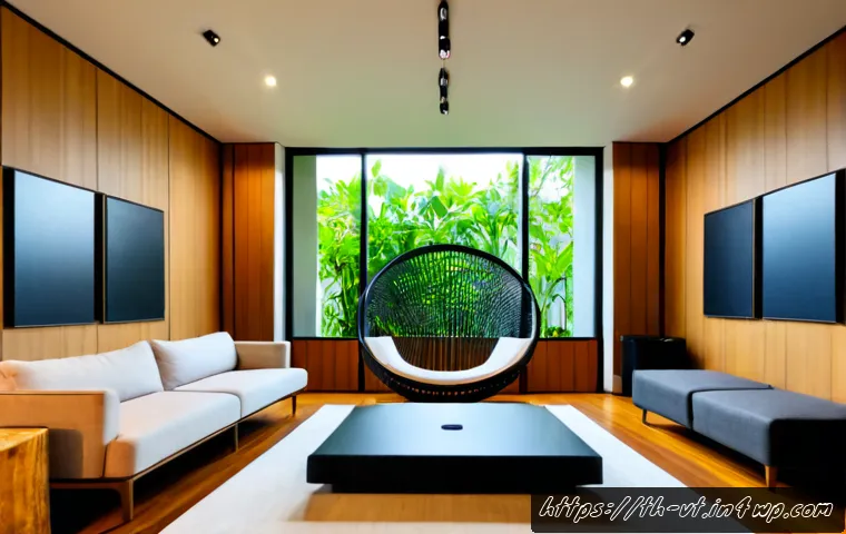 Home 17 공간음향 디자인에서의 통합적 접근법 - Photorealistic wide-angle view of a contemporary spatial audio design studio in Bangkok, a Thai acou...